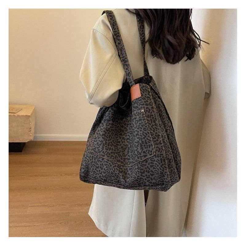 Leopard Print Canvas Oversized Shoulder Bag