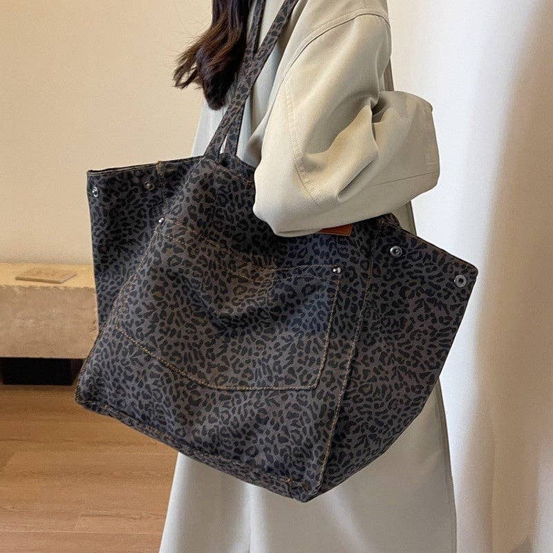 Leopard Print Canvas Oversized Shoulder Bag