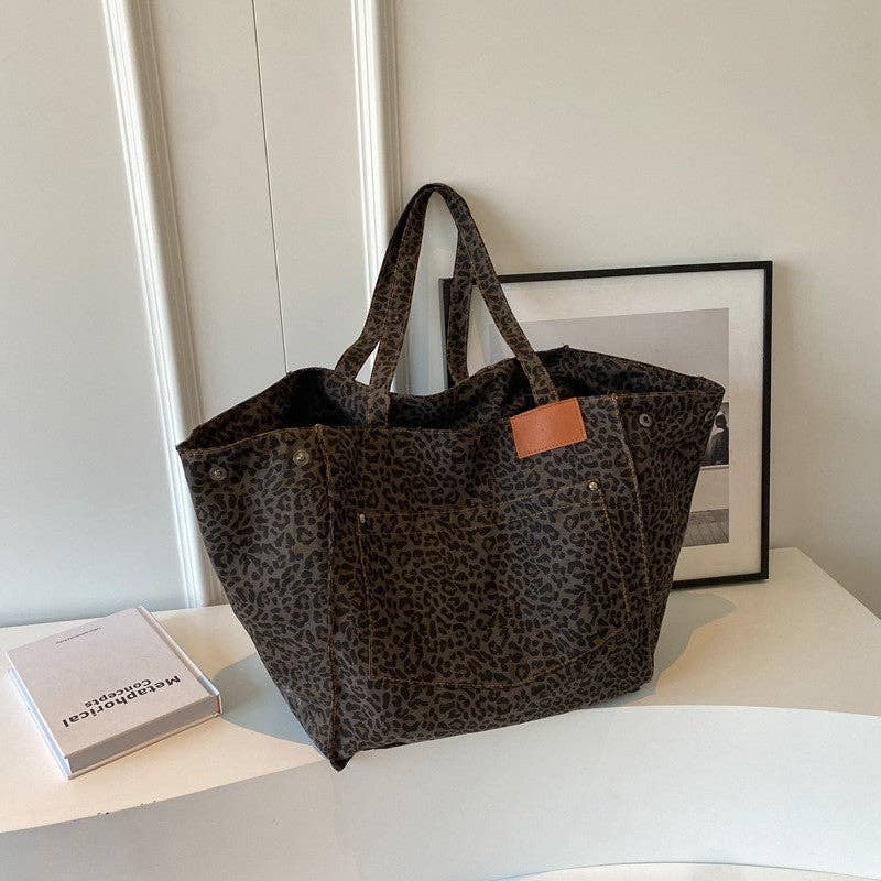Leopard Print Canvas Oversized Shoulder Bag