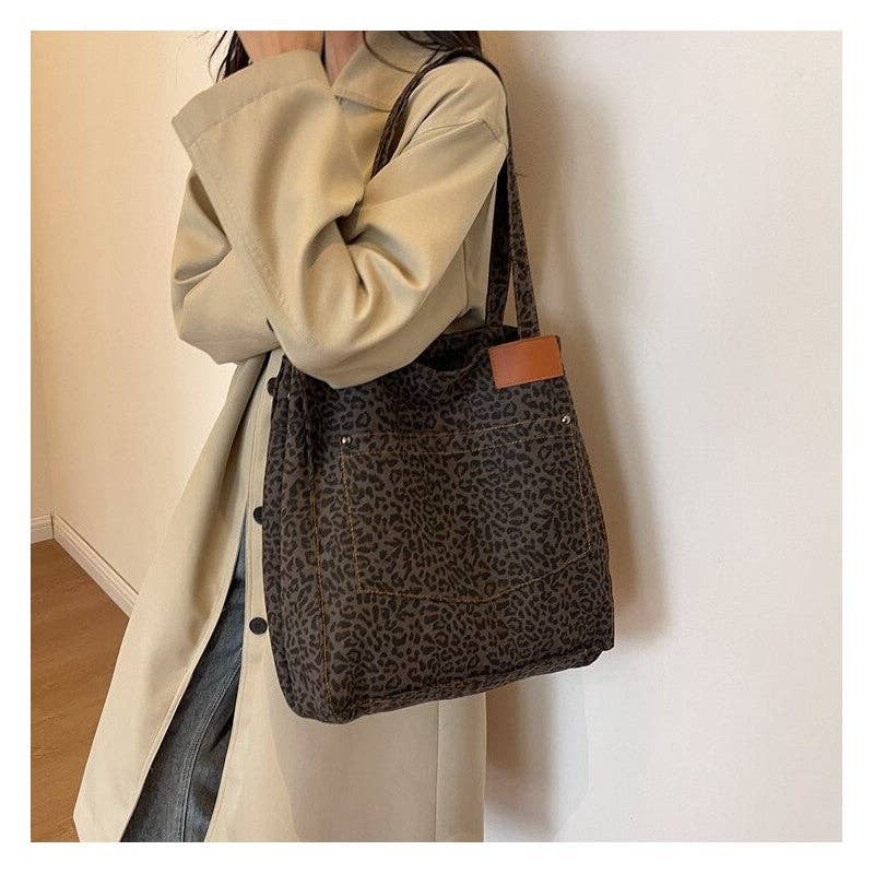 Leopard Print Canvas Oversized Shoulder Bag
